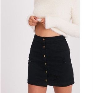 Black Distressed Denim Button Mini Skirt